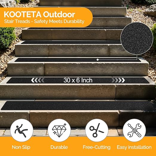 Outdoor Stair Treads for Wooden Steps Non Slip, KOOTETA 8 Pack 30" x 6"Anti Slip Strips Adhesive for Stair, Waterproof Weather Resistant Exterior Grip Tape 80-Grit Non Skid Traction Stair Treads,Black