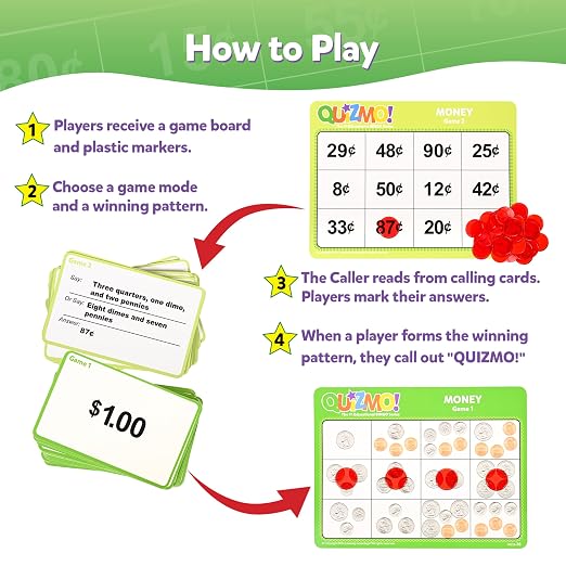 QUIZMO Money | Bingo-Style Money Game | 2 Levels of Difficulty for Ages 7-12 | Teach Basic Coin Recognition and Valuation