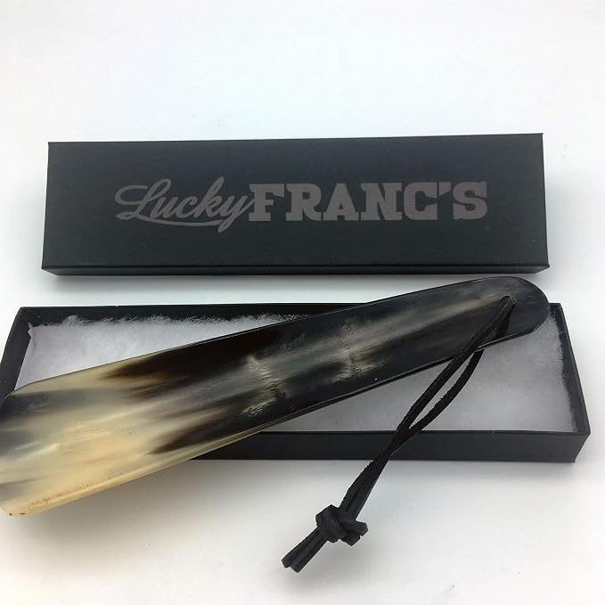 Lucky Franc's Real Horn Shoe Horn. Dress Shoe Horn for Men. Hand Crafted Luxury Horn Shoehorn for Home/Travel Use. Genuine Bull Ox Horns. A Fancy Natural Shoehorn Gift Idea. 7.25"x2" in Gift Box.