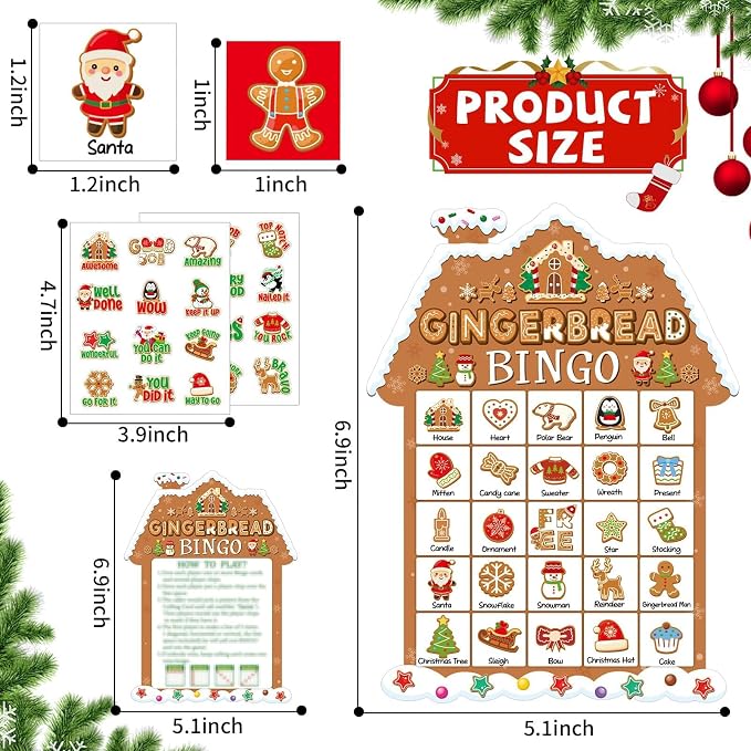 39Pcs Christmas Gingerbread Themed Bingo Game for Kids Adults 24 Players Christmas Baking Game Cards with Reward Stickers for Family Friends Students Large Group Activities Winter Holiday Party Favors