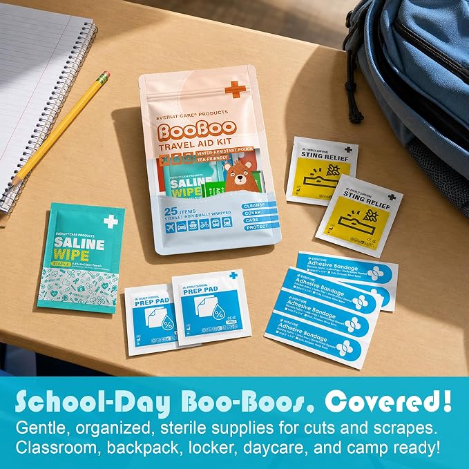 EVERLIT CARE Bulk Mini First Aid Kit 10 Pack | Individual Travel Pouches with 25 Sterile Wound Care Essentials | for School, Classroom, Day-Care, Backpack, Sports, Car, Diaper Bag, Party Favors