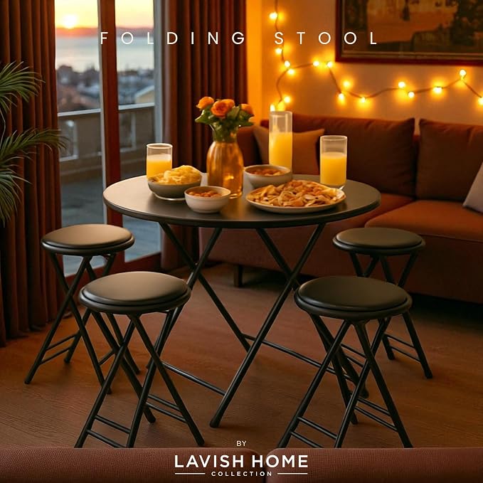 Lavish Home Folding Stool with Padded Backless Seat Set of 4, Black, 24” | Counter Height Bar Stools with 225lb Capacity, Portable Indoor & Outdoor, Extra Seat for Kitchen, Rec Room or Camping