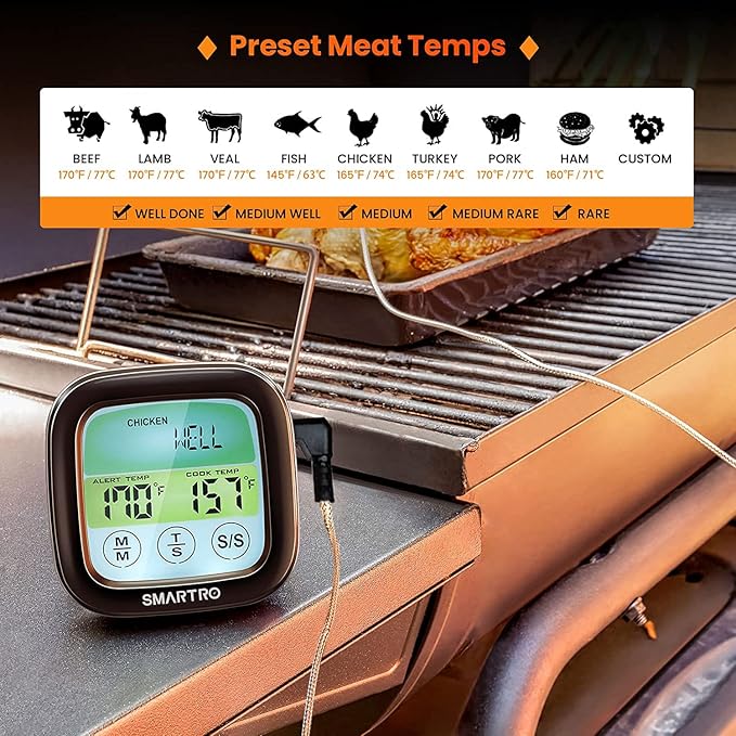 SMARTRO ST59 Digital Meat Thermometer for Oven BBQ Grill Kitchen Food Cooking with 1 Probe and Timer, LCD