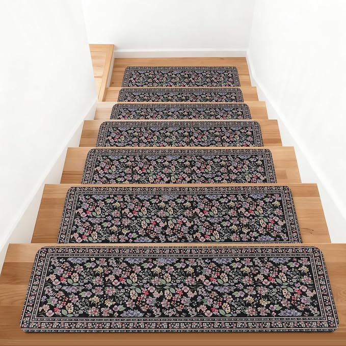 Vintage Floral Stair Treads Non Slip Carpet Stair Treads for Wooden Steps Indoor 15PCS 30"x8" Stair Runner Stair Mats Safety Staircase Step Treads for Elders Kids Dogs Light Black