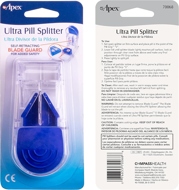 Apex Ultra Pill Cutter, Professional Medical Pill Splitter with Retracting Blade Guard, for Precise Cutting Small or Large Tablets, Vitamins, Blue/Green and Clear, 1 Count, Compact & Travel-Friendly