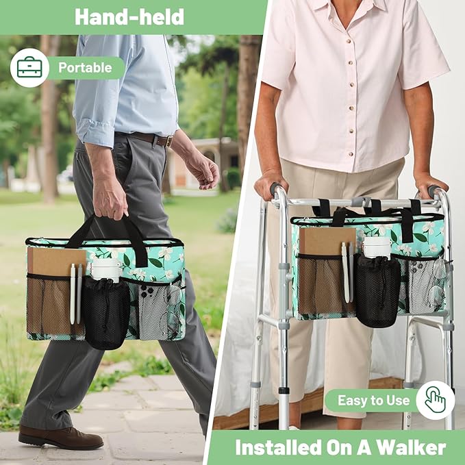 Rhino Valley Walker Bag, Large Capacity Walker Accessories Storage Bag with Multi Pockets & Cup Holder, Walker Basket with 4 pockets for Universal Walkers for Seniors, Green Lily