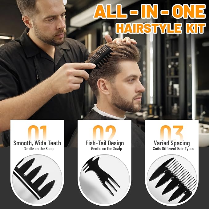 SALONSILK 6PCS Mens Hair Brush & Styling Comb Set | Fine & Wide Tooth Comb, Roller and Gel Hair Brush for Men, Professional Barber Tools for All Hair Types