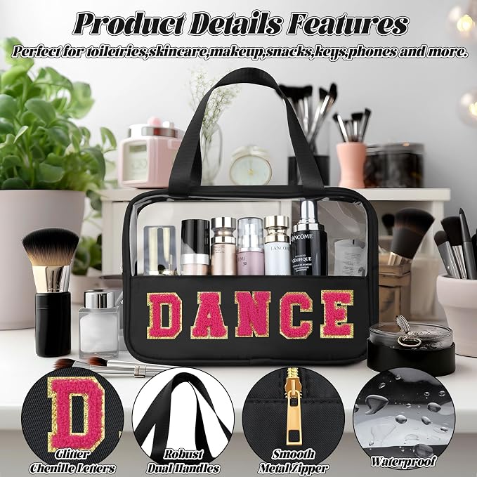 BuyCard Chenille Letter Patch Clear Travel Bags, Preppy PVC&Nylon Makeup Bag with Handle and Zipper, Waterproof Large Clear Travel Toiletry Bag Storage Bag for Women Girls
