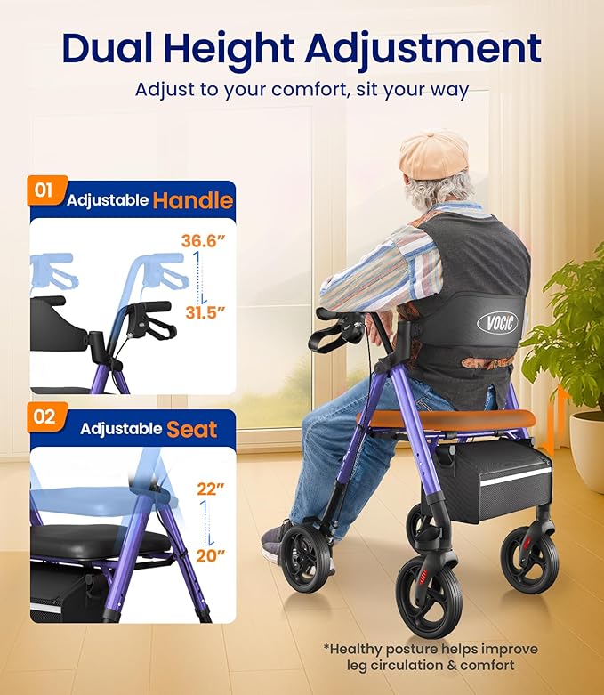 VOCIC Walkers for Seniors, Z21 Rollator Walker with Seat Supports 350lb, 8" Big Wheels for All Terrain, Ergonomic Arc Seat & 6" Ultra Backrest Foldable Walker, Dual Height Adjustment, Lightweight 2025