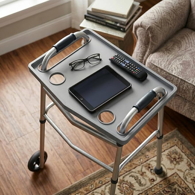 Bluestone Walker Tray Table with 2 Cup Holders - Mobility Table Tray for Folding Walkers - Home Medical Equipment Accessories (Gray)