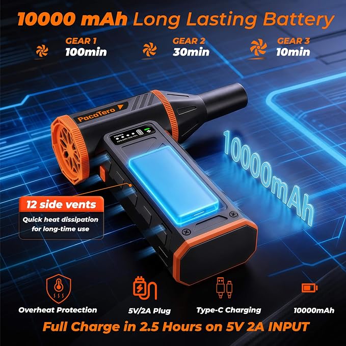 10000mAh Electric Cordless 15000RPM Adjustable Air Duster for PC Keyboard | 3-Gear Compressed Air Blower with Fast Charging, Portable Rechargeable Cleaner for Laptop, Electronics, Car Dust Cleaning