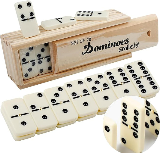 Smilejoy Dominoes Set for Adults, Domino Set for Classic Board Games, Double 6 Domino Game Set 28 Pieces with Natural Wood Case (2 Players)