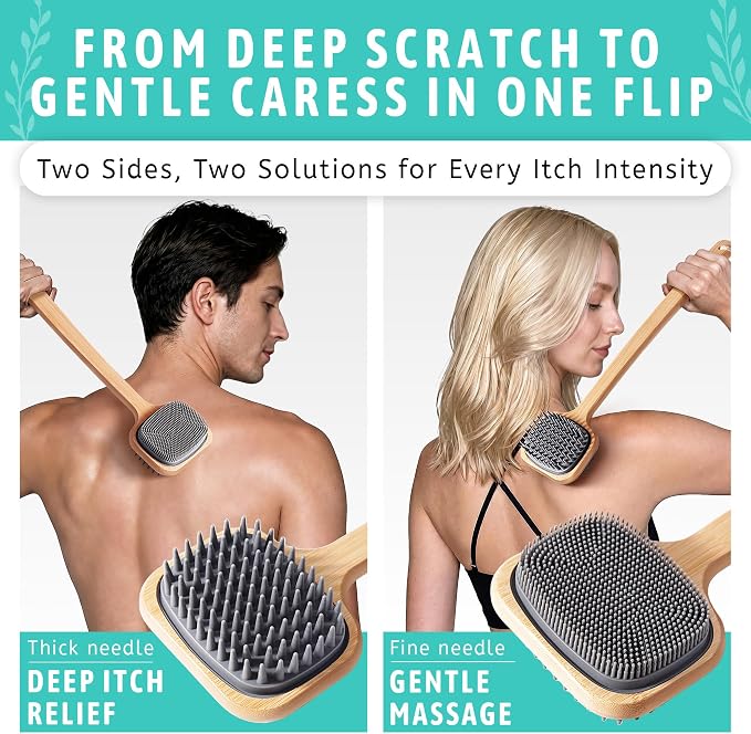 NURENDER Bamboo Back Scratcher 16.92'', Double-Sided Soft Silicone Bristles | Back Scratcher for Men and Women, Itch Reliever Curved Handle for Full Body, Dry and Wet Use Body Brush