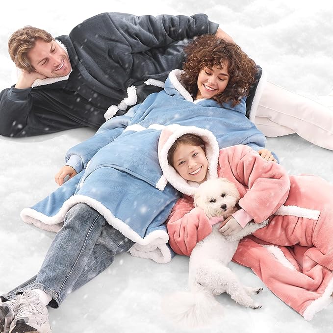JOYWOO Pink Wearable Blanket Hoodie, Oversized Cat Lovers Sweatshirt Blanket for Adult & Teens, Birthday Gifts for Women Men Mom Girl Boys,Cozy Sherpa Blanket Giant Pocket Gifts,Mellow Rose Small