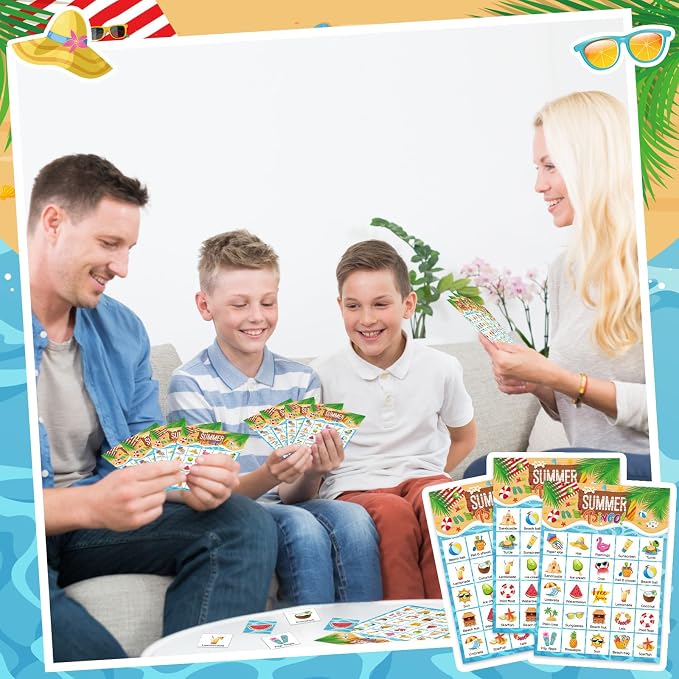Liliful 35 Pcs Summer Bingo Games 24 Players Beach Party Bingo Cards Hawaii Party Games for Boys Girls Adults Family Classroom Activities Tropical Beach Luau Party Favors Supplies