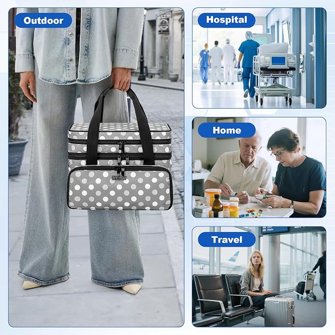 BAFASO Double Layer Medicine Bag with 2 Detachable Pouches, Polka Dots | Pill Bottle Organizer for Travel and Daily Use (Bag ONLY)