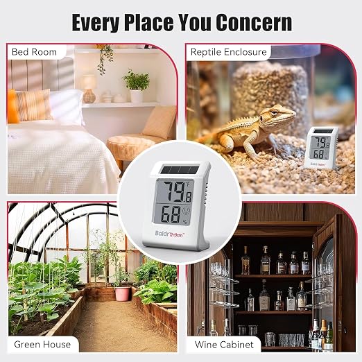 2.2'' Digital Thermometer and Hygrometer Meter, Solar-Powered Indoor Temperature Sensor Humidity Monitor, Humidity Gauge for Baby Rooms, Bedrooms, Home, Office, and Wine Cellars, White, 2Pack
