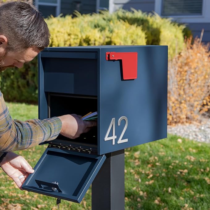Adoorn Lockable Post Mount Mailboxes for Outside - Large Anti-Theft Locking Mailbox for Packages and Letters - Weatherproof Construction - Durable Steel - 15.5" H x 12" W x 18.5" D - Navy
