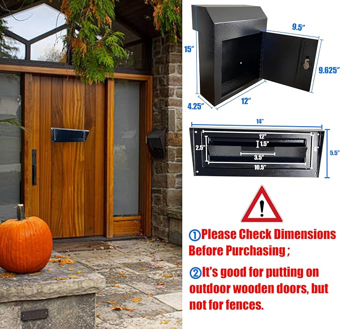 Locking Mailbox Drop Box with Rain Cover, Heavy-Duty Galvanized Steel, Door Mounted Secure Mailbox for Keys, Cash, Checks, Deposits & Letters – Safe Mail Drop Box for Home/Office, Dark Gray