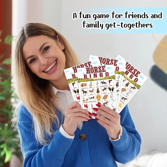 Horse Farm Bingo Cards, 24 Player Pony Party Bingo Game for Family Adult, Cowgirl Cowboy Party Favor, Large Group Party Celebration Activity -05
