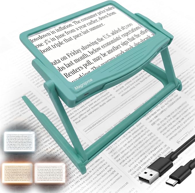 MAGNIPROS 5X Rechargeable LED Page Magnifier with Foldable Stand, Hands-Free Lighted Magnifier with 3 Color Modes, Anti-Glare Lens for Reading Small Print, Low Vision, Seniors, Crafts