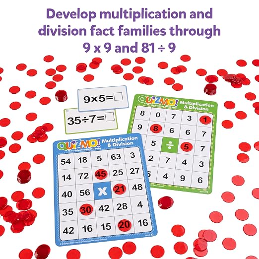 LEARNING ADVANTAGE QUIZMO Multiplication & Division, Bingo Style Math Game | 2 Game Modes for Ages 8+, Teach Basic Mathematics
