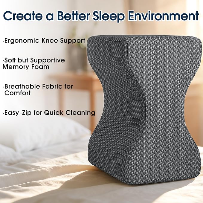 BlissTrends Memory Foam Knee Pillow, Knee Pillow for Side Sleepers, Leg Pillows for Sleeping Blood Circulation, Elevation Pillow for Spine Aligning, Sciatica, Hip, Knee, Ankle Pain, Dark Grey, Medium