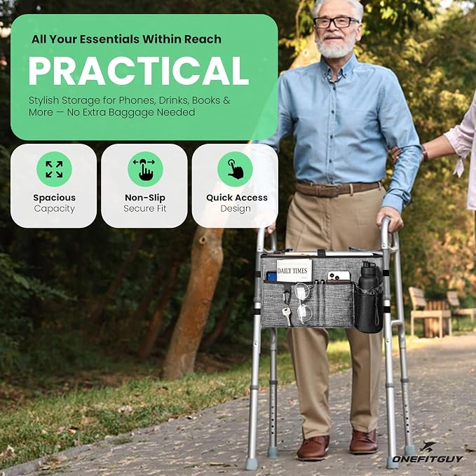 Walker Bag with Cup Holder & Multiple Pockets – Large Capacity Folding Walker Organizer, Caddy with Side Bottle Pocket & Carry Handles – Walker Accessories for Seniors & Elderly (Gray)