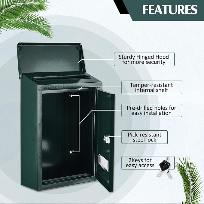 Amylove Weatherproof Mail Boxes with Key Lock, Security Locking Wall Mount Metal Mailbox with Slot for Outside, Large Capacity for Mail, Packages, Donations, Voting 11.8" H x 8.3" L x 2.8" W, Green