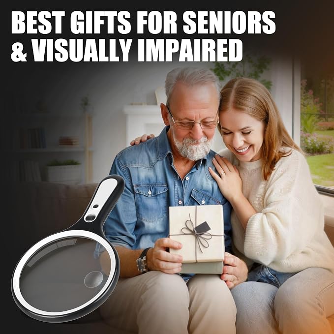 Magnifying Glass with Light for Reading: 5.31” Large Handheld Magnifier Lighted Glasses with 6 LED for Page Book, Small Prints, Coins, Jewelry, Best Lens Gifts for Seniors, Low Vision Elderly