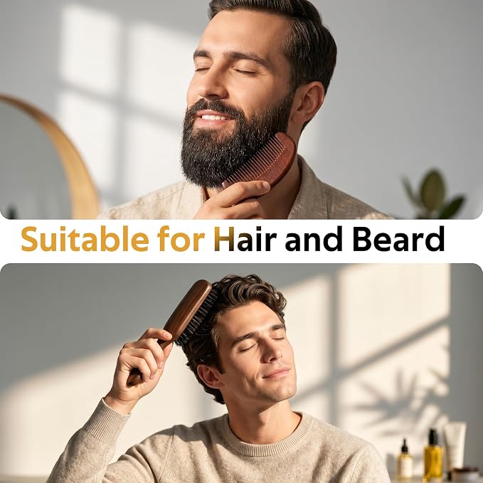STYLEMATE Mens Boar Bristle Hair Brush Comb Set, Slick Back Mens Hair Brush with Stiff Bristles for Fine Hair, Beard Brush with Natural Black Walnut Wooden Gold Sandalwood Handle