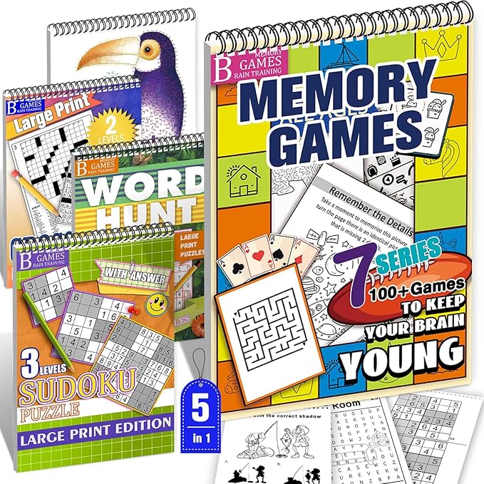 Vashly Large Print 300+ Memory Activities for Seniors: 5-in-1 Set Brain Exercise Books with Sudoku, Crossword, Word Hunt, Dot to Dot, A4 Thick Paper Spiral Bound, Gift for Elderly Adults