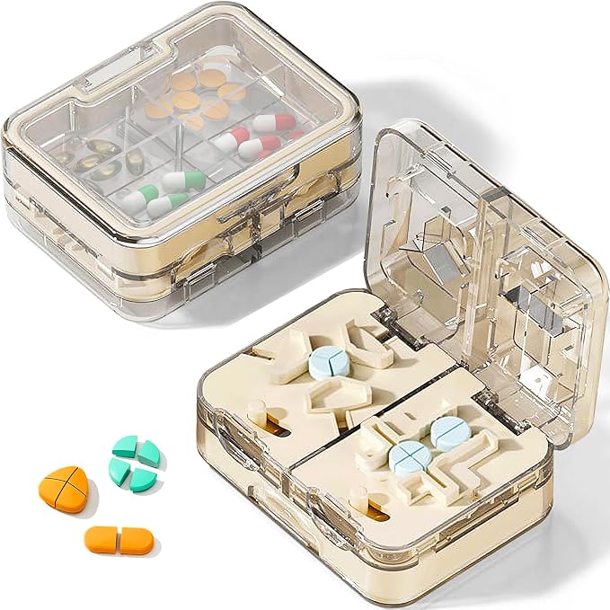 Pill Cutter Splitter for Tiny Small Large Pills - 1/2 1/3 1/4 Pill Splitter with Storage for Multiple Pills Cutting - Accurate Alignment Adjustable Pill Organizer