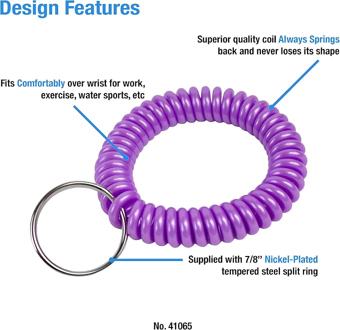 Lucky Line 2” Spiral Wrist Coil with Steel Key Ring, Flexible Wrist Band Key Chain Bracelet, Stretches to 12”, Purple 1 PK (410651)