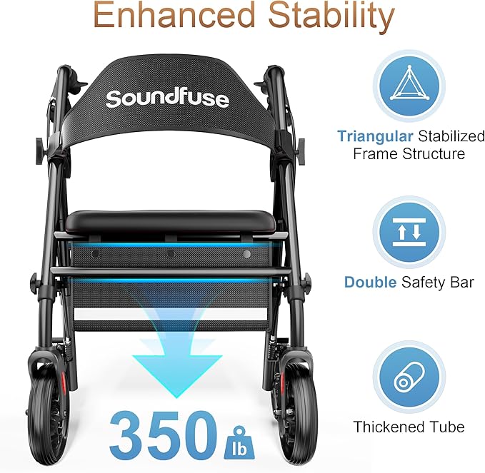 Rollator Walkers with Seat for Seniors, Foldable 8" Big Wheels All Terrain Rolling Walker, Handles and Ergonomic Seat Height Adjustable, 350 lb