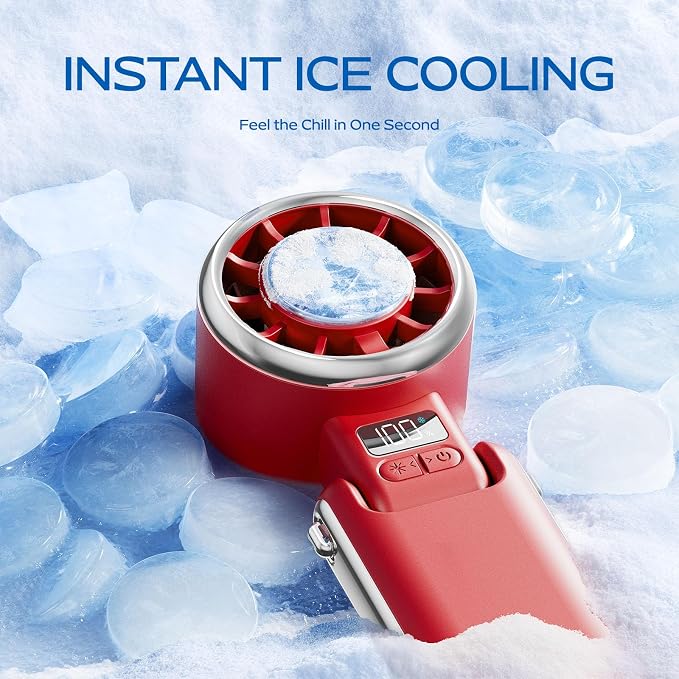 SHEWIND Portable Handheld Fan with Ice Cooling - 5 Gear High Speed Turbo Personal Fan Rechargeable, Up to 13 Hrs, Mini Hand Fans for Travel Essentials, Beach Vacation, Gifts for Women, Men (Red)
