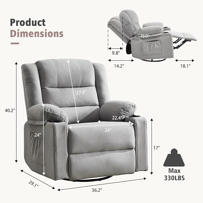 Ketaiyou Swivel Rocker Recliner Chair for Adults with Massage and Heat, Cup Holders and Side Pockets, Glider Rocking Reclining Single Sofa Chair for Living Room (L Grey)