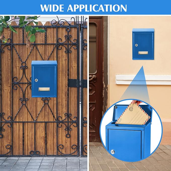 Amylove Weatherproof Mail Boxes with Key Lock, Security Locking Wall Mount Metal Mailbox with Slot for Outside, Large Capacity for Mail, Packages, Donations, Voting 11.8" H x 8.3" L x 2.8" W, Blue