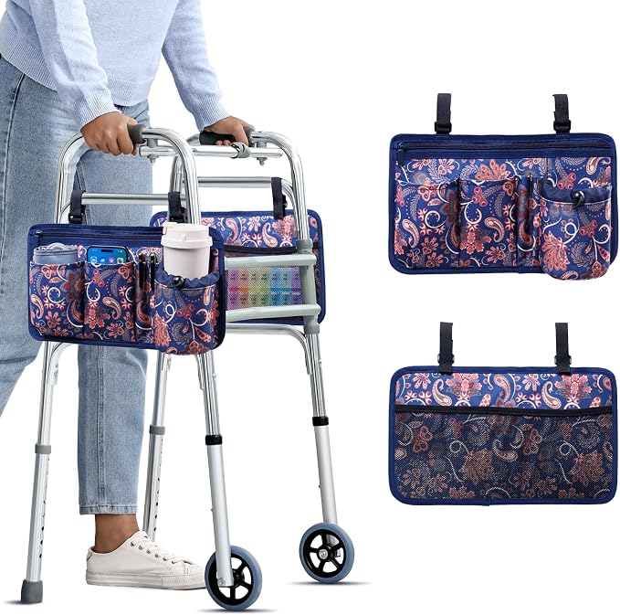 BAGSFY 2-Pack Walker Side Bag, Universal Walker Accessories with Cup Holder, Waterproof Folding Walker Organizer Caddy Pouch for Most Walkers with Side Bars, Double-Sided Storage for Seniors & Elderly