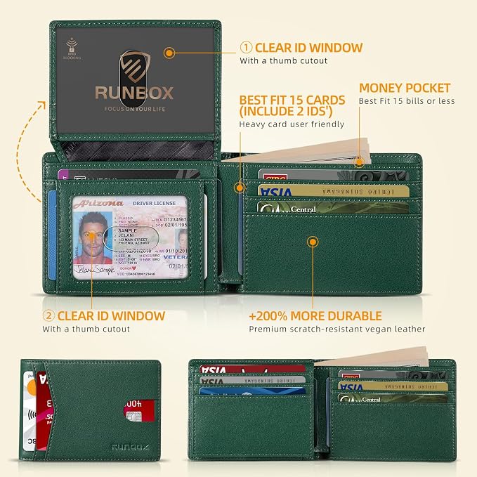 RUNBOX Wallet for Men -Slim Rfid Leather Mens Bifold Novelty Wallets 2 ID Window With Gift Box Men's Accessories | Minimalist Front Pocket Design, Holds 15 Cards, Large Capacity with Cash Pocket,Compact and Thin, Birthday Gifts for Men