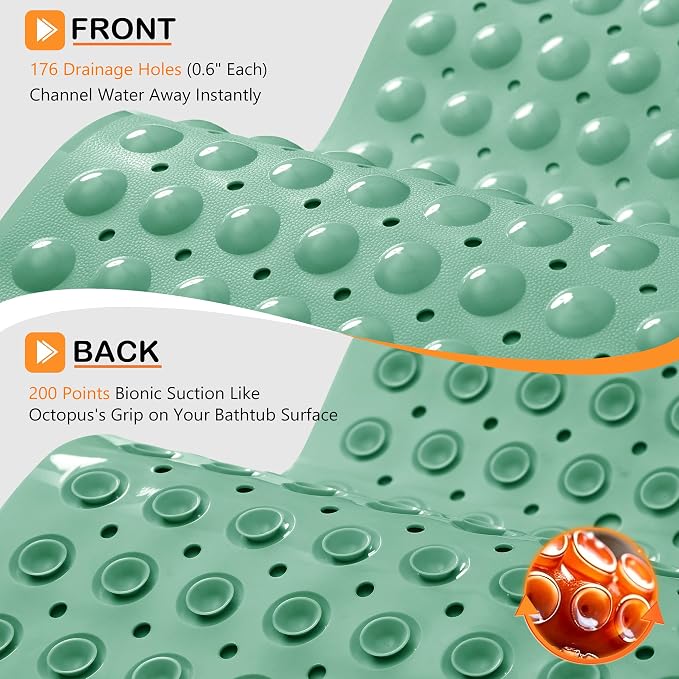 Yimobra Non Slip Bathtub Mat 40 x 16 Inch, Extra Long Shower Mat with Drain Holes, Machine Washable Baby Bath Mats, Strong Suction Cups for Bathroom Floor, Green