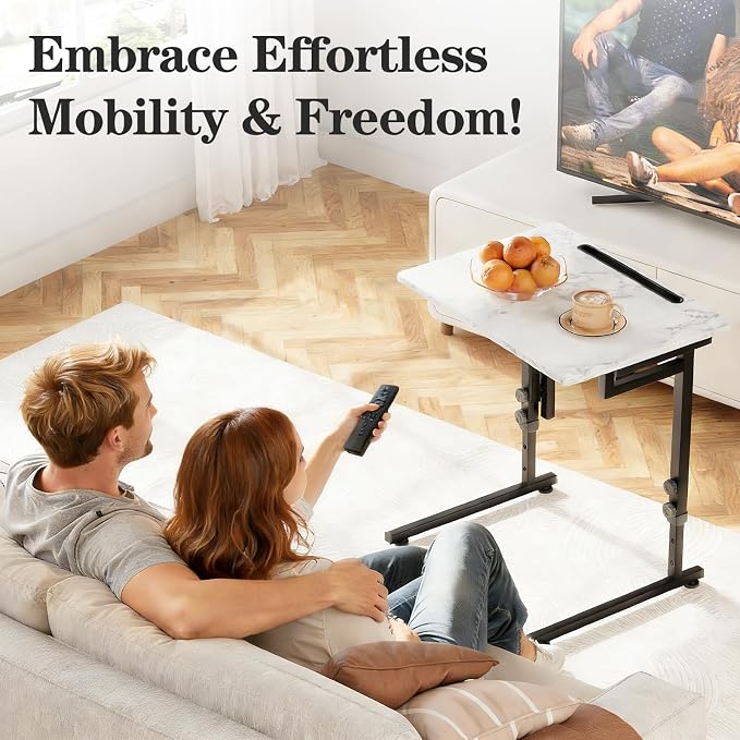 Adjustable Height Tv Tray Table,Portable Folding Tv Dinner Snack Table,Small Foldable C-Shaped End Table for Eating,Slide Under Couch Side with Sturdy MDF Top,No Assembly(White Marble+Black)