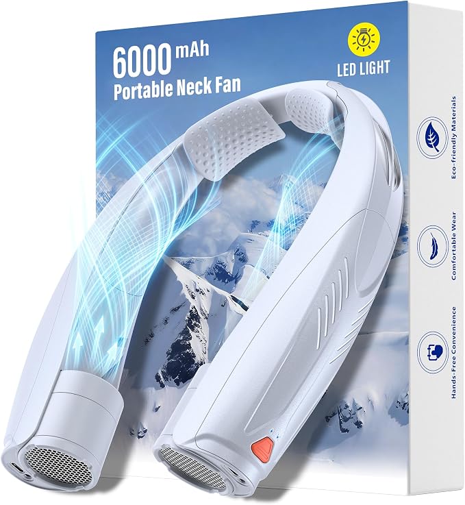 Portable Neck Fan with Reading Light, 6-Speed Wearable Fan, 6000mAh USB-C Rechargeable Hands Free Fan, Summer Gifts for Men Women, for World Cup, Outdoor Work, Travel, Camping - White