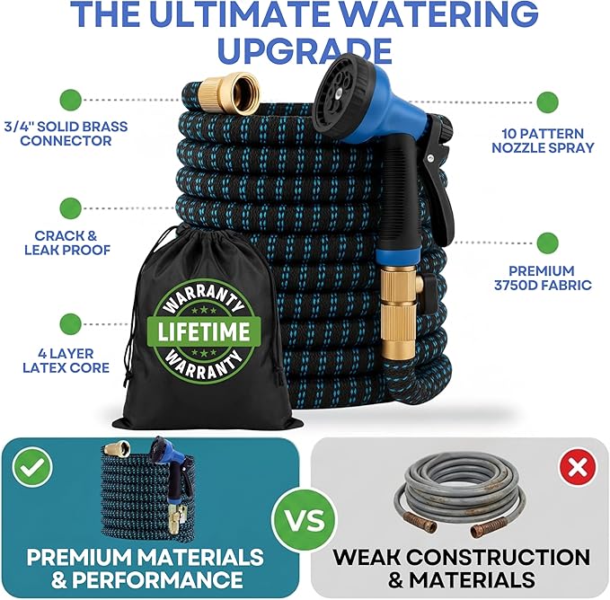 J&B XpandaHose 75ft Expandable Garden Hose, Lightweight, Brass Connectors | Ultra Strong 3750D fabric, 4-layer latex core, expands 3X, kink & leak-resistant, 10-pattern nozzle, storage bag