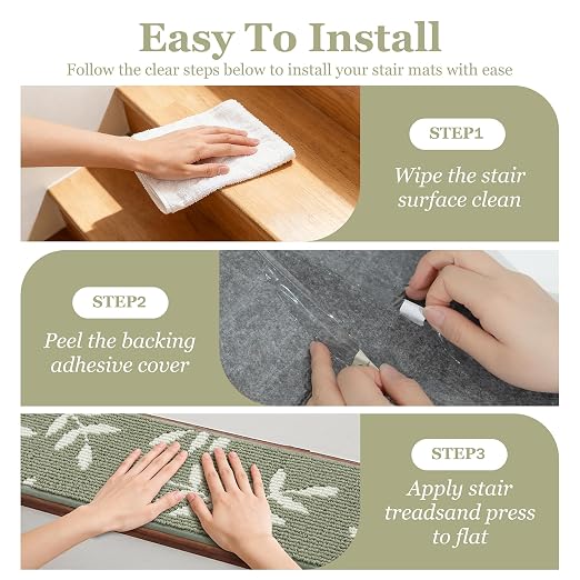 Carpet Stair Treads, Non-Slip Stair Treads for Wooden Steps Indoor | Stair Runner for Pets, Non Skid Staircase Step Treads Washable Reusable, Stair Protectors 30" x8" Set of 4, Green