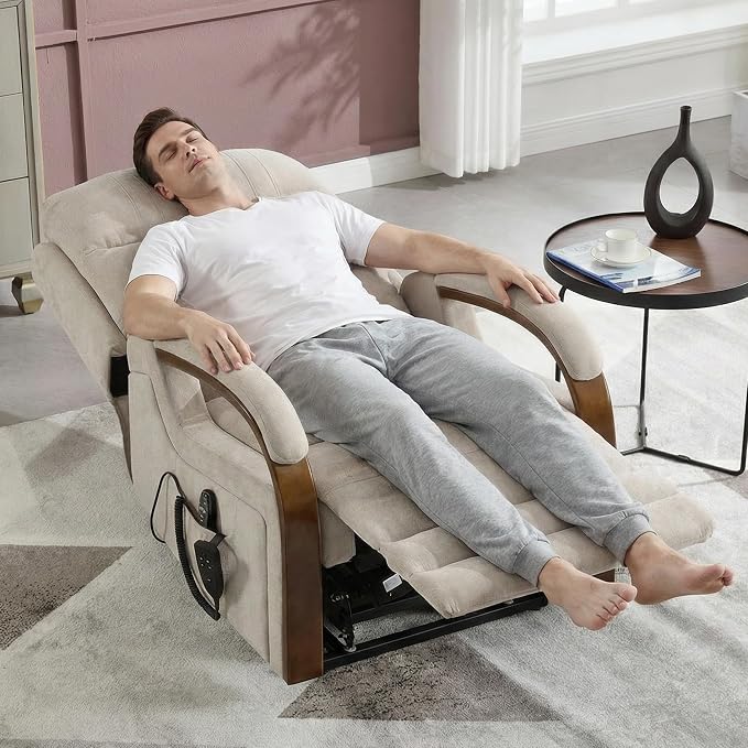 Power Lift Recliner Chair for Elderly People, Dual Motor Lift Chair with Vibration Massage and Heat, Lay Flat Recliner with Solid Wood Armrest, Standing Assistance Reclining, Chenille Fabric Beige