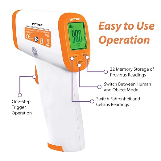 Victor T9000 Non-Contact Digital Infrared Forehead and Wrist Thermometer, for Adults and Kids, Quick 1 Second Readings, 3-Color Temperature Warning Display, White/Orange