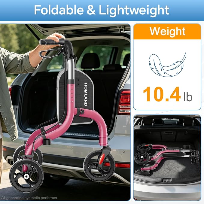HOMLAND Foldable 3 Wheel Walkers for Seniors, Lightweight 10.4 lbs | with Cane & Cup Holder, Height Adjustable, 8'' big wheel, Ruby Red