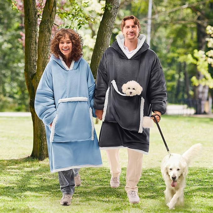 JOYWOO Wearable Blanket Hoodie,Oversized Cat Lovers Sweatshirt Blanket for Adult, Birthday Gifts for Women,Mom,Friend,Cozy Sherpa Hooded Blanket with Giant Pocket and Winter Gifts,Denim blue Standard