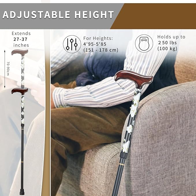 Stylish Foldable Walking Cane - Pattern Printed, Adjustable, for Men and Women Stability and Balance, Light Weight, for 5'~6' Height